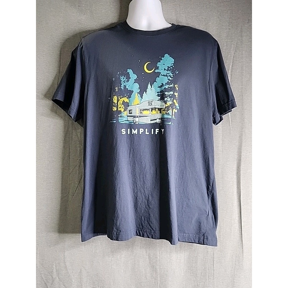Life Is Good T Shirt Mens Large Simplify Blue Yellow Night RV Camping Scene